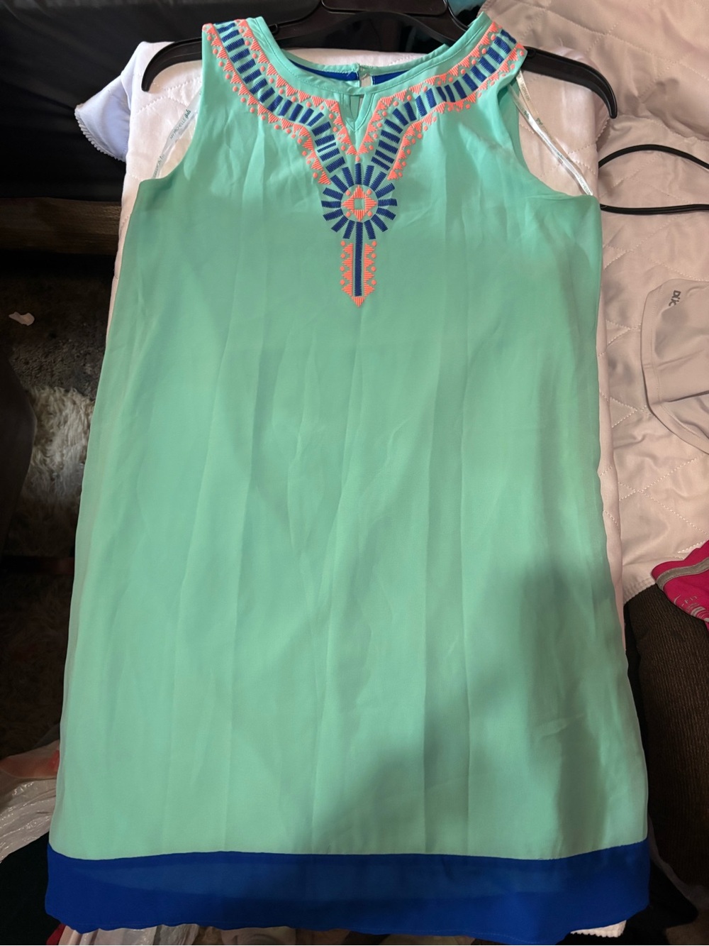 My Michelle Mint Green Dress with Navy and Coral Embroidery